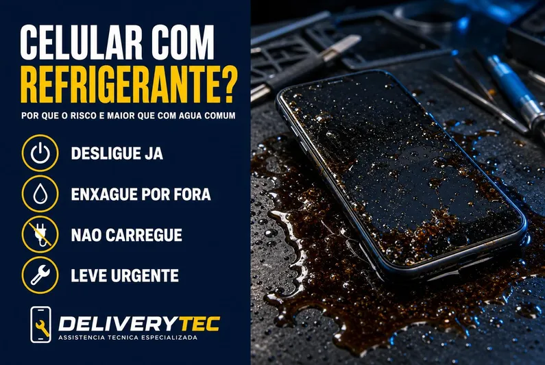 Celular molhado com refrigerante: por que o risco é maior que com água comum — ilustração do artigo da Delivery Tec, assistência técnica de celular em São José do Rio Preto