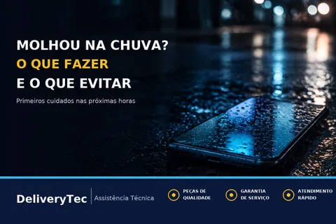 Celular Molhou na Chuva? O que Fazer e o que Evitar — ilustração do artigo da Delivery Tec, assistência técnica de celular em São José do Rio Preto