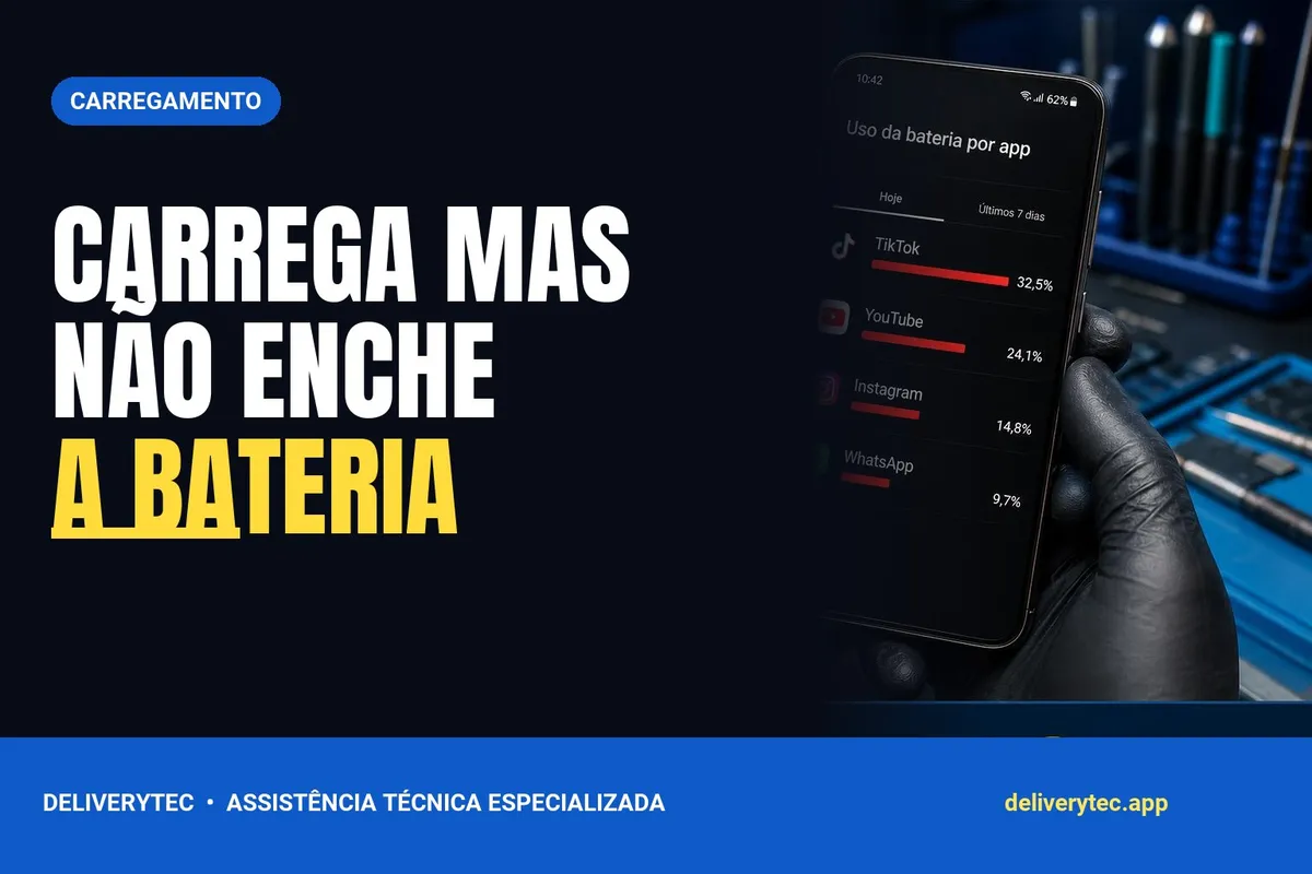 Celular mostra carregando mas não carrega? 7 causas e o que fazer — ilustração do artigo da Delivery Tec, assistência técnica de celular em São José do Rio Preto