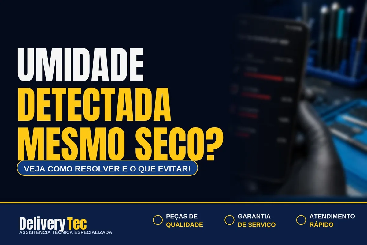 Celular mostra "Umidade detectada" mesmo estando seco? Veja como resolver — ilustração do artigo da Delivery Tec, assistência técnica de celular em São José do Rio Preto