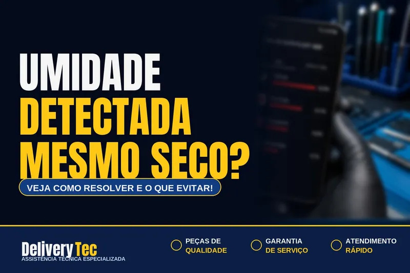 Celular mostra "Umidade detectada" mesmo estando seco? Veja como resolver — ilustração do artigo da Delivery Tec, assistência técnica de celular em São José do Rio Preto