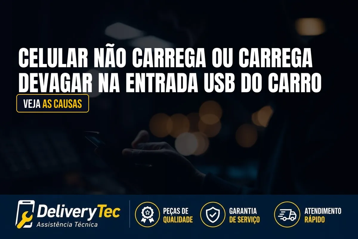 Celular Não Carrega ou Carrega Devagar na Entrada USB do Carro? Veja as Causas — ilustração do artigo da Delivery Tec, assistência técnica de celular em São José do Rio Preto