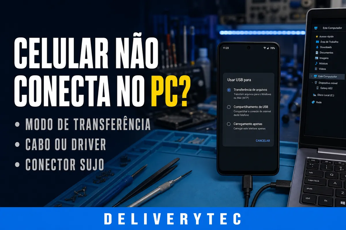 Celular Não Conecta no PC? Veja as Principais Causas e Como Resolver — ilustração do artigo da Delivery Tec, assistência técnica de celular em São José do Rio Preto