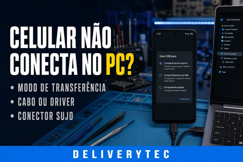Celular Não Conecta no PC? Veja as Principais Causas e Como Resolver — ilustração do artigo da Delivery Tec, assistência técnica de celular em São José do Rio Preto