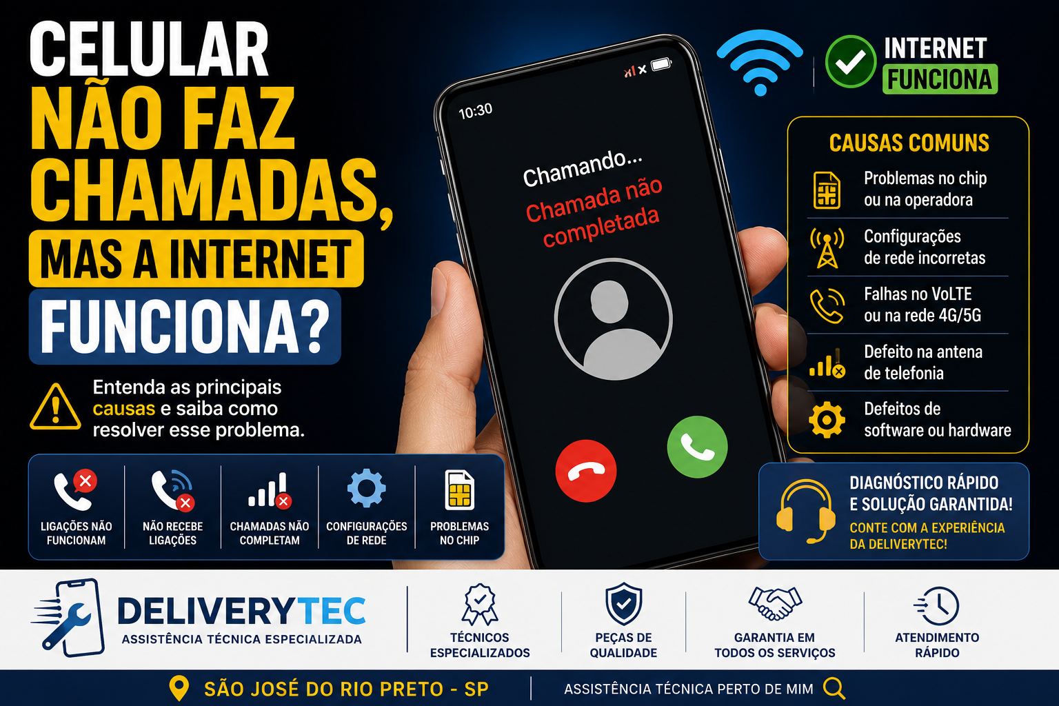 Celular não faz chamadas, mas a internet funciona? Veja o que pode ser — ilustração do artigo da Delivery Tec, assistência técnica de celular em São José do Rio Preto