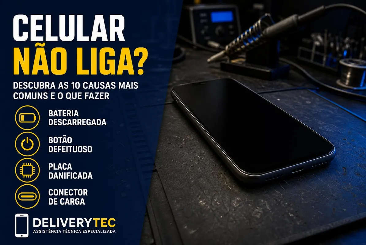 Celular não liga? 10 causas e o que fazer antes de levar na assistência — ilustração do artigo da Delivery Tec, assistência técnica de celular em São José do Rio Preto
