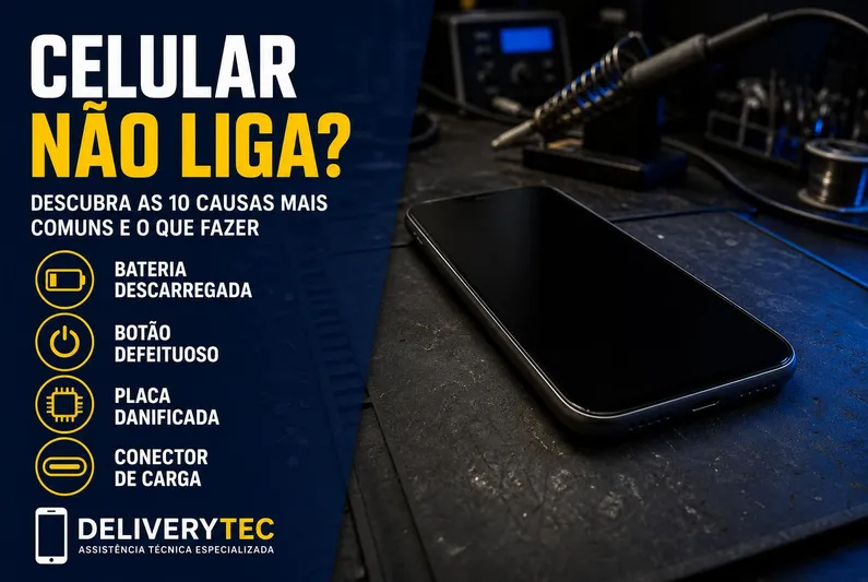 Celular não liga? 10 causas e o que fazer antes de levar na assistência — ilustração do artigo da Delivery Tec, assistência técnica de celular em São José do Rio Preto