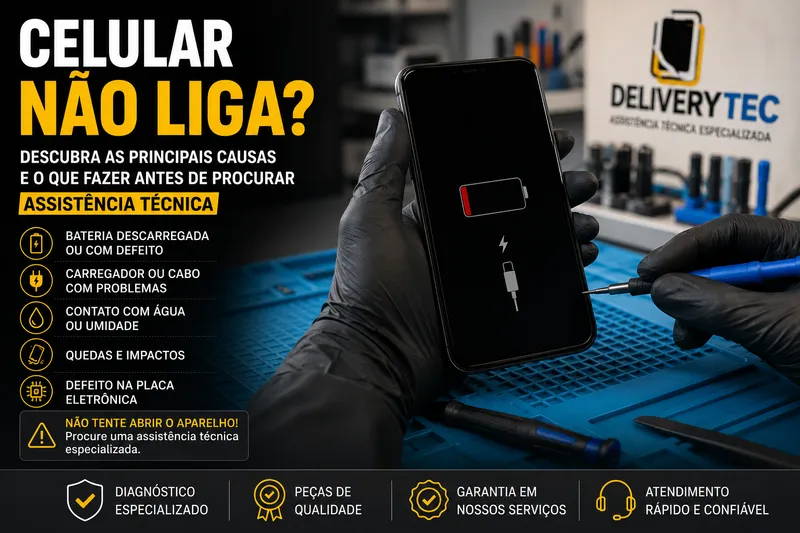 Celular não liga? Descubra as principais causas e o que fazer antes de procurar assistência técnica — ilustração do artigo da Delivery Tec, assistência técnica de celular em São José do Rio Preto