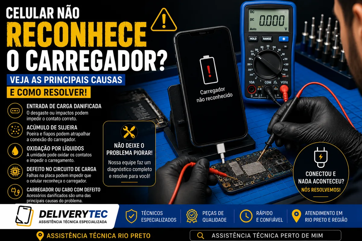 Celular não reconhece o carregador? Veja as principais causas — ilustração do artigo da Delivery Tec, assistência técnica de celular em São José do Rio Preto