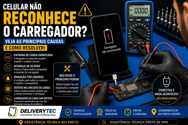 Celular não reconhece o carregador? Veja as principais causas — ilustração do artigo da Delivery Tec, assistência técnica de celular em São José do Rio Preto