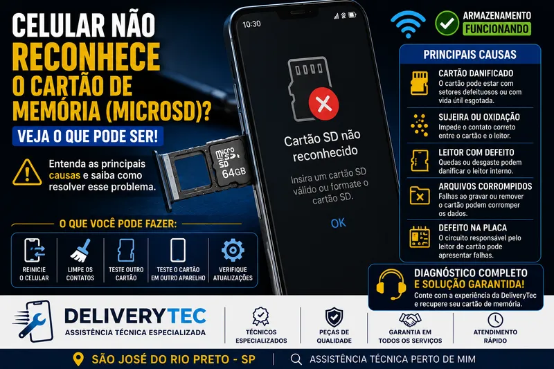 Celular não reconhece o cartão de memória (microSD)? Veja o que pode ser — ilustração do artigo da Delivery Tec, assistência técnica de celular em São José do Rio Preto