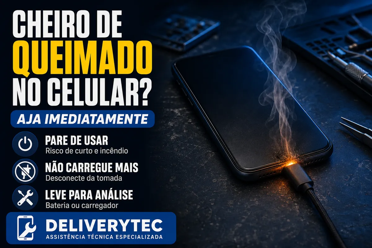 Celular ou Carregador com Cheiro de Queimado? Aja Agora — ilustração do artigo da Delivery Tec, assistência técnica de celular em São José do Rio Preto