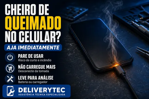 Celular ou Carregador com Cheiro de Queimado? Aja Agora — ilustração do artigo da Delivery Tec, assistência técnica de celular em São José do Rio Preto