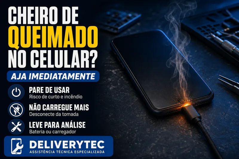 Celular ou Carregador com Cheiro de Queimado? Aja Agora — ilustração do artigo da Delivery Tec, assistência técnica de celular em São José do Rio Preto