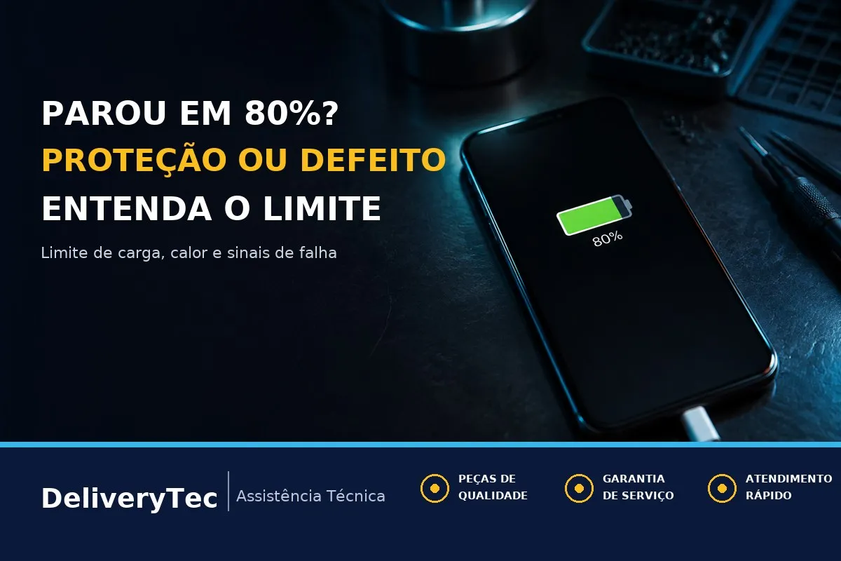 Celular Para de Carregar em 80%? Quando é Proteção e Quando é Defeito — ilustração do artigo da Delivery Tec, assistência técnica de celular em São José do Rio Preto