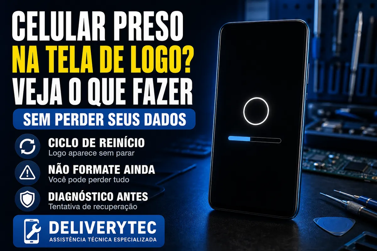 Celular Preso na Tela de Logo? Veja o que Fazer sem Perder seus Dados — ilustração do artigo da Delivery Tec, assistência técnica de celular em São José do Rio Preto