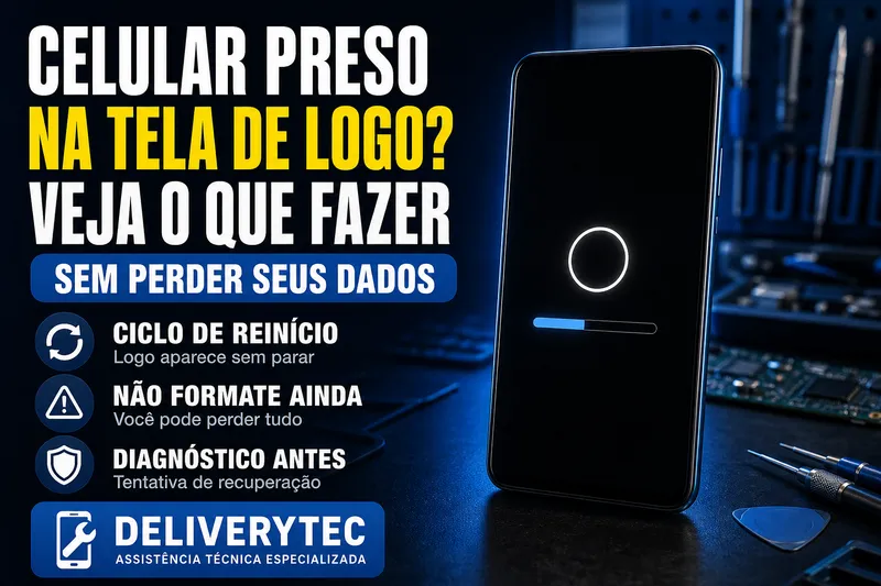 Celular Preso na Tela de Logo? Veja o que Fazer sem Perder seus Dados — ilustração do artigo da Delivery Tec, assistência técnica de celular em São José do Rio Preto