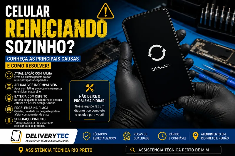 Celular reiniciando sozinho? Conheça as principais causas e como resolver — ilustração do artigo da Delivery Tec, assistência técnica de celular em São José do Rio Preto