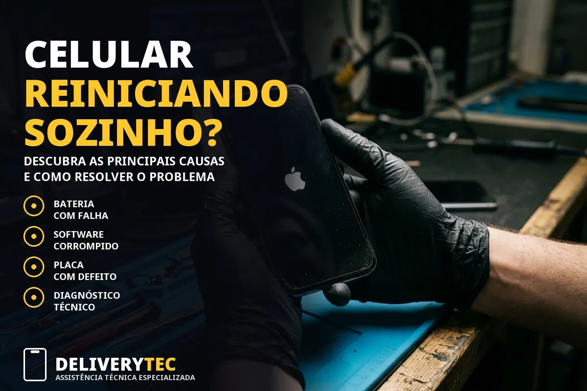Celular reiniciando sozinho? Descubra as principais causas e como resolver — ilustração do artigo da Delivery Tec, assistência técnica de celular em São José do Rio Preto