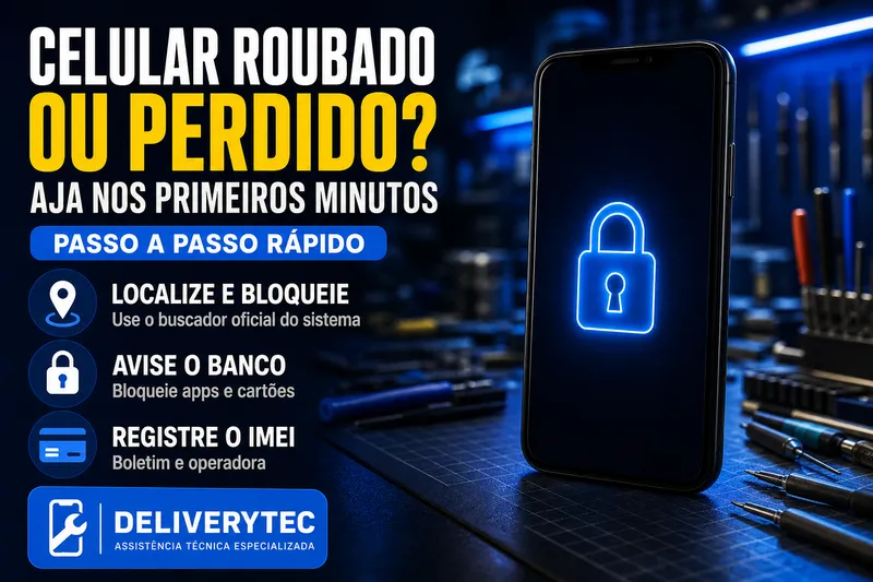 Celular Roubado ou Perdido? O que Fazer nos Primeiros Minutos — ilustração do artigo da Delivery Tec, assistência técnica de celular em São José do Rio Preto