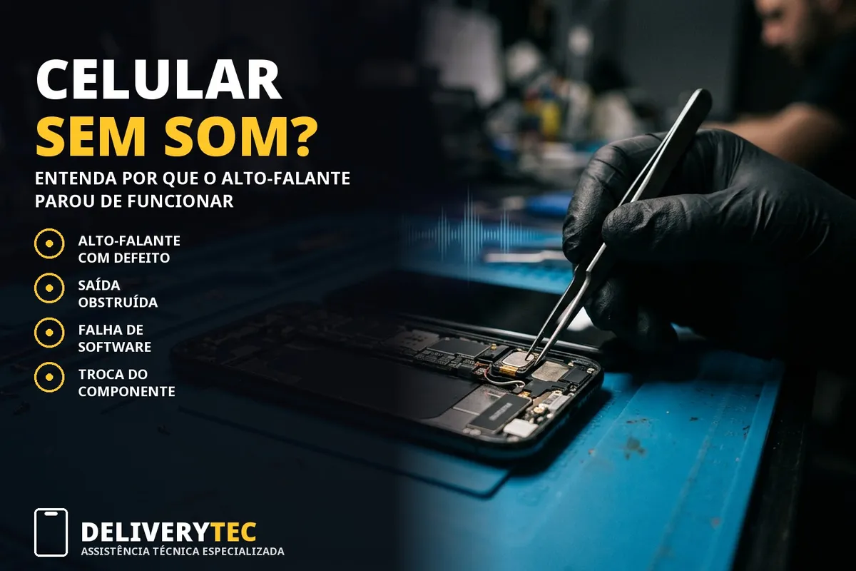 Celular sem som? Descubra por que o alto-falante parou de funcionar e como resolver — ilustração do artigo da Delivery Tec, assistência técnica de celular em São José do Rio Preto