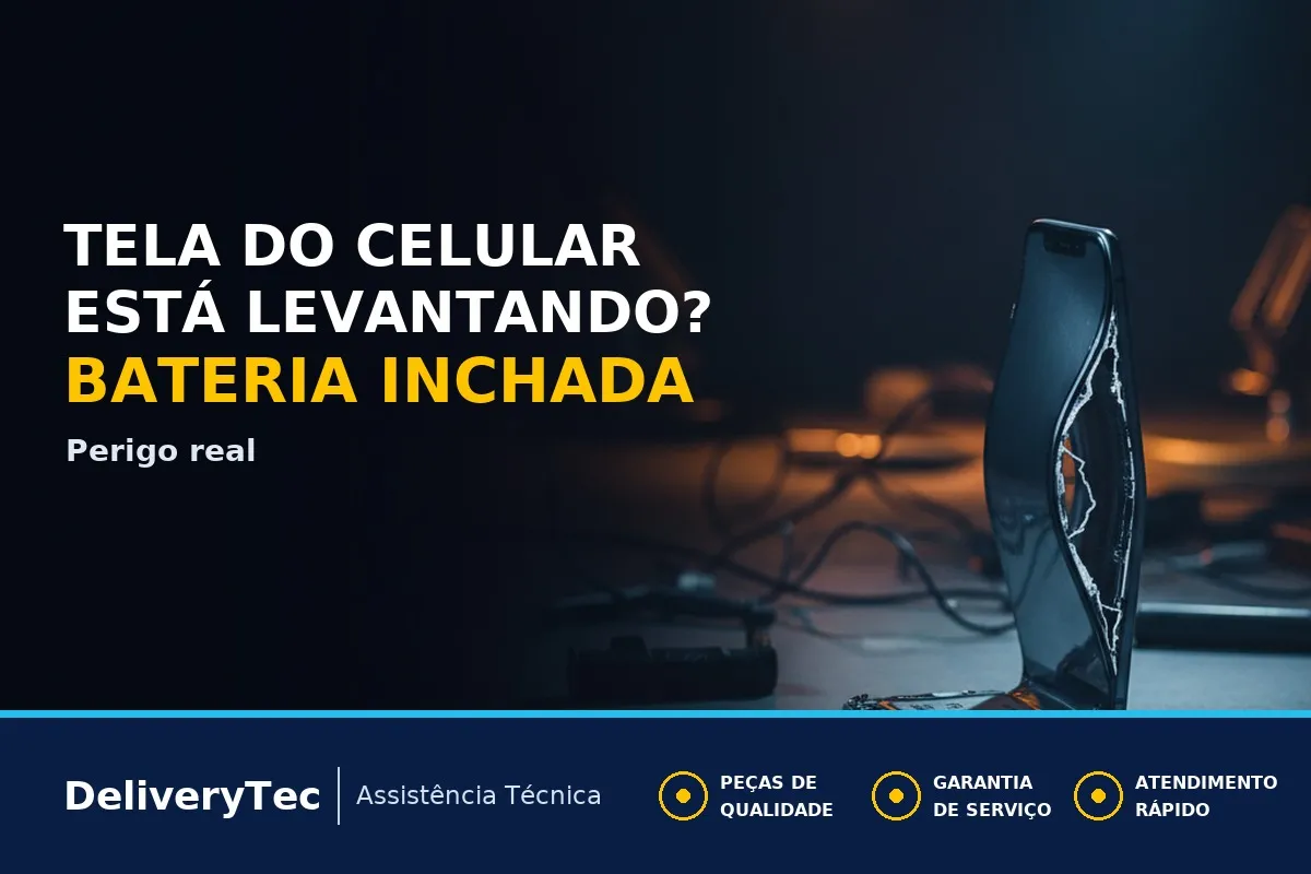 Celular com Tela Descolando? O Perigo da Bateria Inchada Oculta — ilustração do artigo da Delivery Tec, assistência técnica de celular em São José do Rio Preto