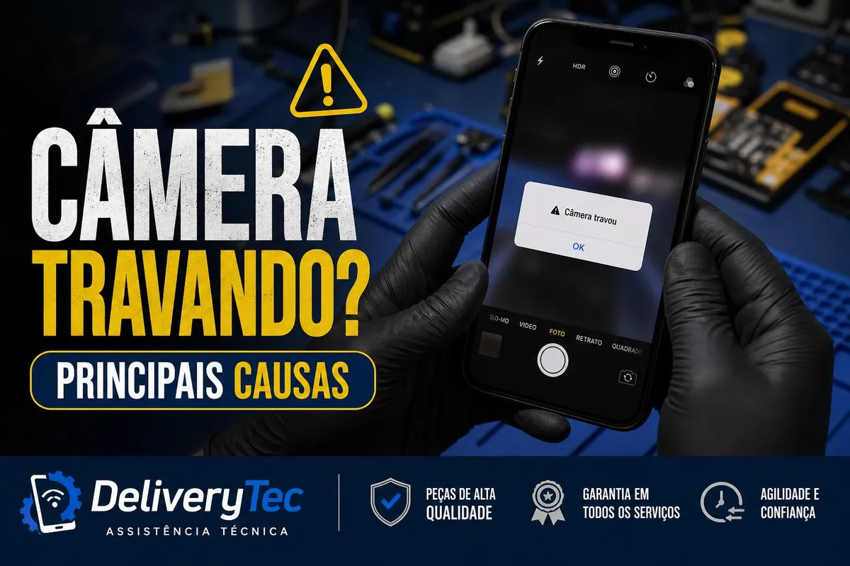 Celular trava ao abrir a câmera? Descubra as principais causas — ilustração do artigo da Delivery Tec, assistência técnica de celular em São José do Rio Preto