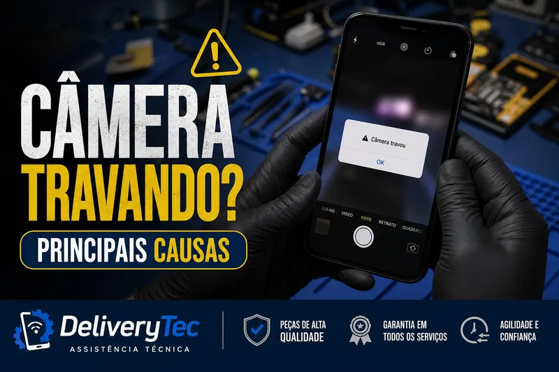 Celular trava ao abrir a câmera? Descubra as principais causas — ilustração do artigo da Delivery Tec, assistência técnica de celular em São José do Rio Preto