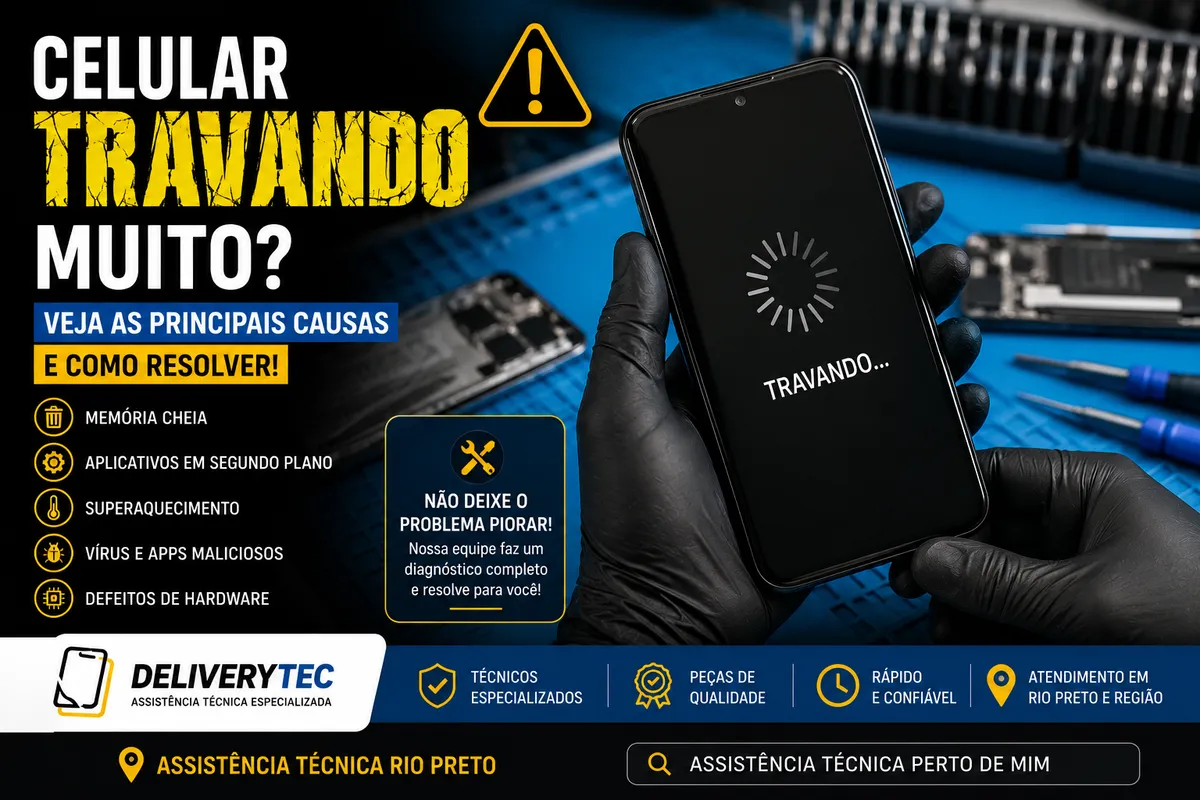 Celular travando muito? Veja as 12 principais causas e como resolver — ilustração do artigo da Delivery Tec, assistência técnica de celular em São José do Rio Preto
