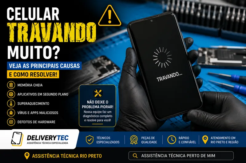 Celular travando muito? Veja as 12 principais causas e como resolver — ilustração do artigo da Delivery Tec, assistência técnica de celular em São José do Rio Preto