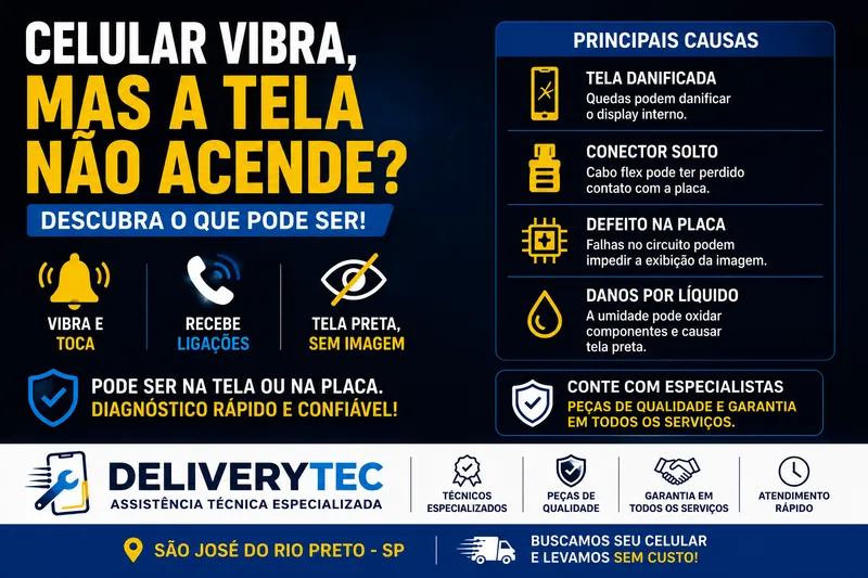 Celular vibra, mas a tela não acende? Descubra o que pode ser — ilustração do artigo da Delivery Tec, assistência técnica de celular em São José do Rio Preto