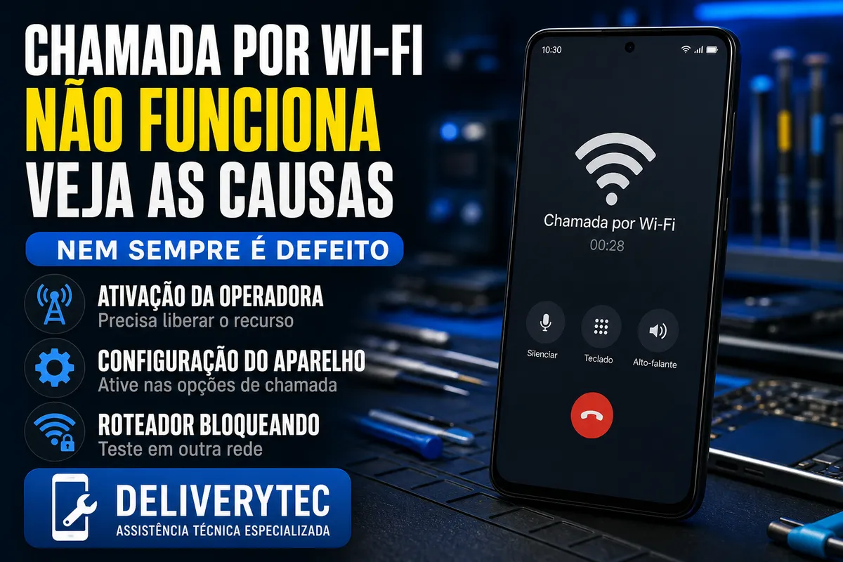 Chamada por Wi-Fi (VoWiFi) Não Funciona? Veja as Causas — ilustração do artigo da Delivery Tec, assistência técnica de celular em São José do Rio Preto