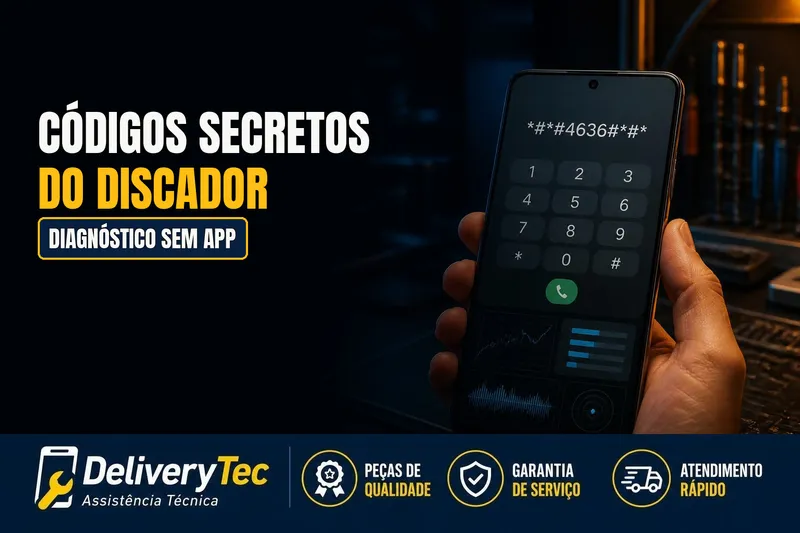 Códigos Secretos do Discador para Diagnosticar seu Celular sem Instalar Nada — ilustração do artigo da Delivery Tec, assistência técnica de celular em São José do Rio Preto