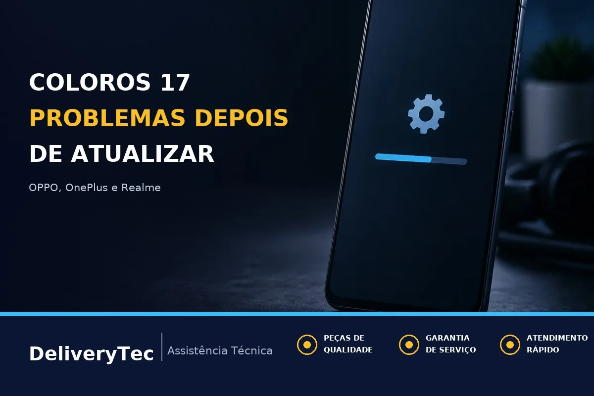 ColorOS 17 Chegando a OPPO, OnePlus e Realme: Problemas Comuns Depois de Atualizar — ilustração do artigo da Delivery Tec, assistência técnica de celular em São José do Rio Preto