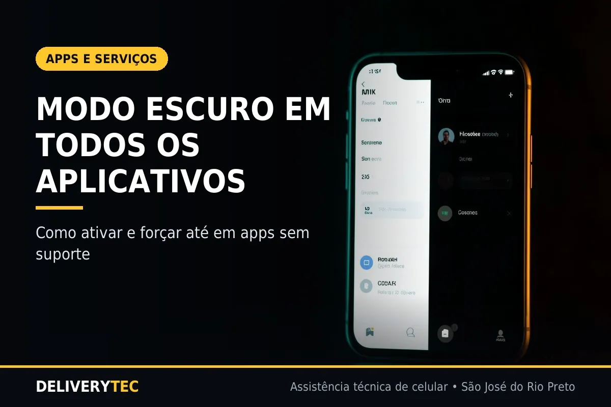 Como Ativar o Modo Escuro em Todos os Aplicativos do Celular — ilustração do artigo da Delivery Tec, assistência técnica de celular em São José do Rio Preto