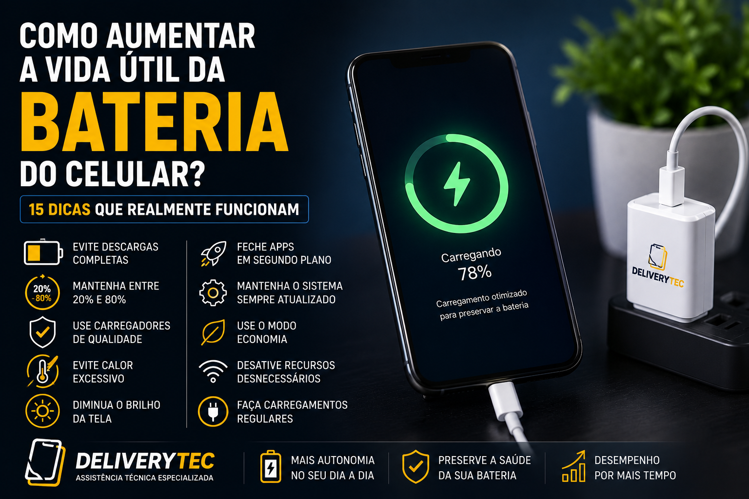 Como aumentar a vida útil da bateria do celular? 15 dicas que realmente funcionam — ilustração do artigo da Delivery Tec, assistência técnica de celular em São José do Rio Preto