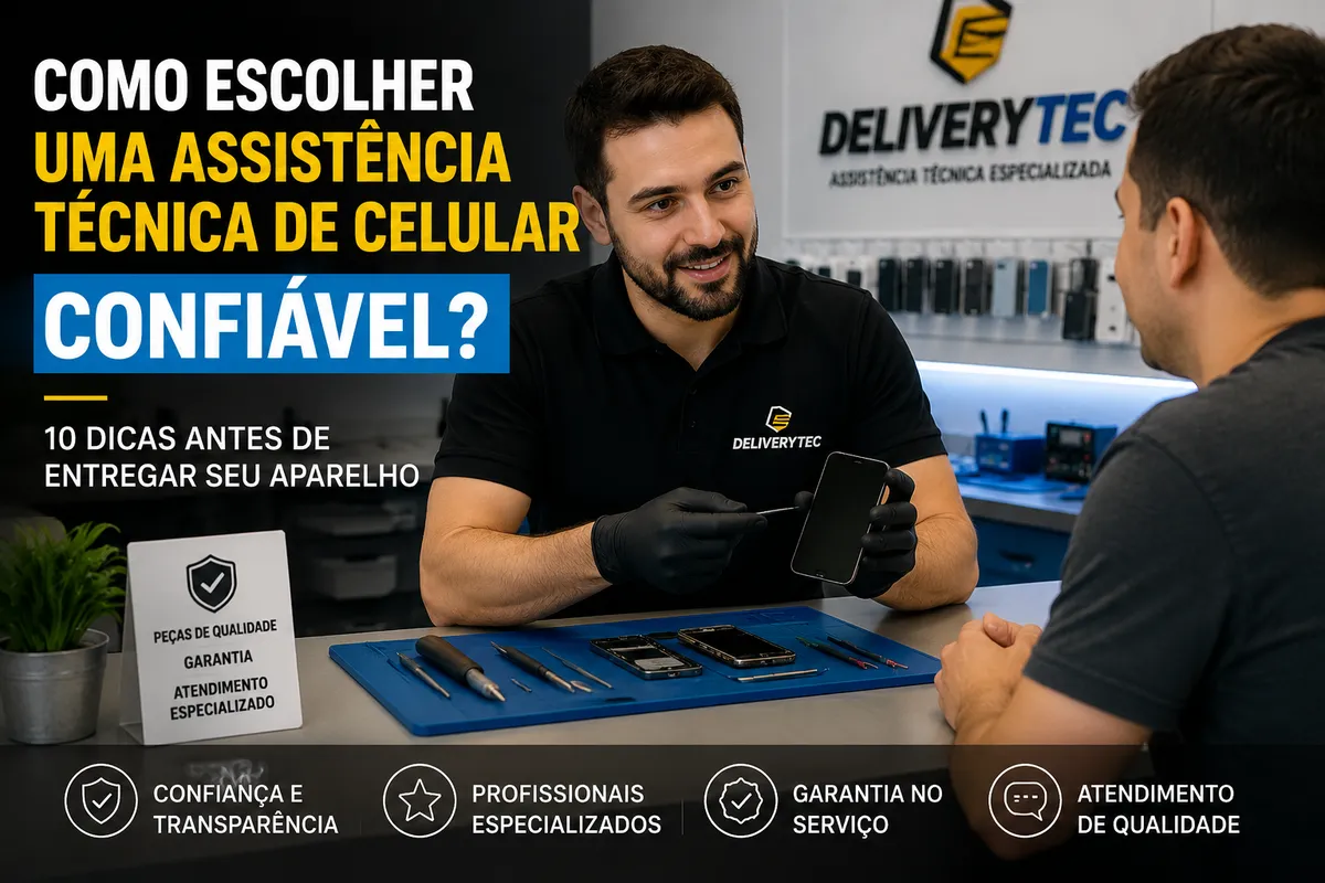 Como escolher uma assistência técnica de celular confiável: 10 dicas antes de entregar seu aparelho — ilustração do artigo da Delivery Tec, assistência técnica de celular em São José do Rio Preto