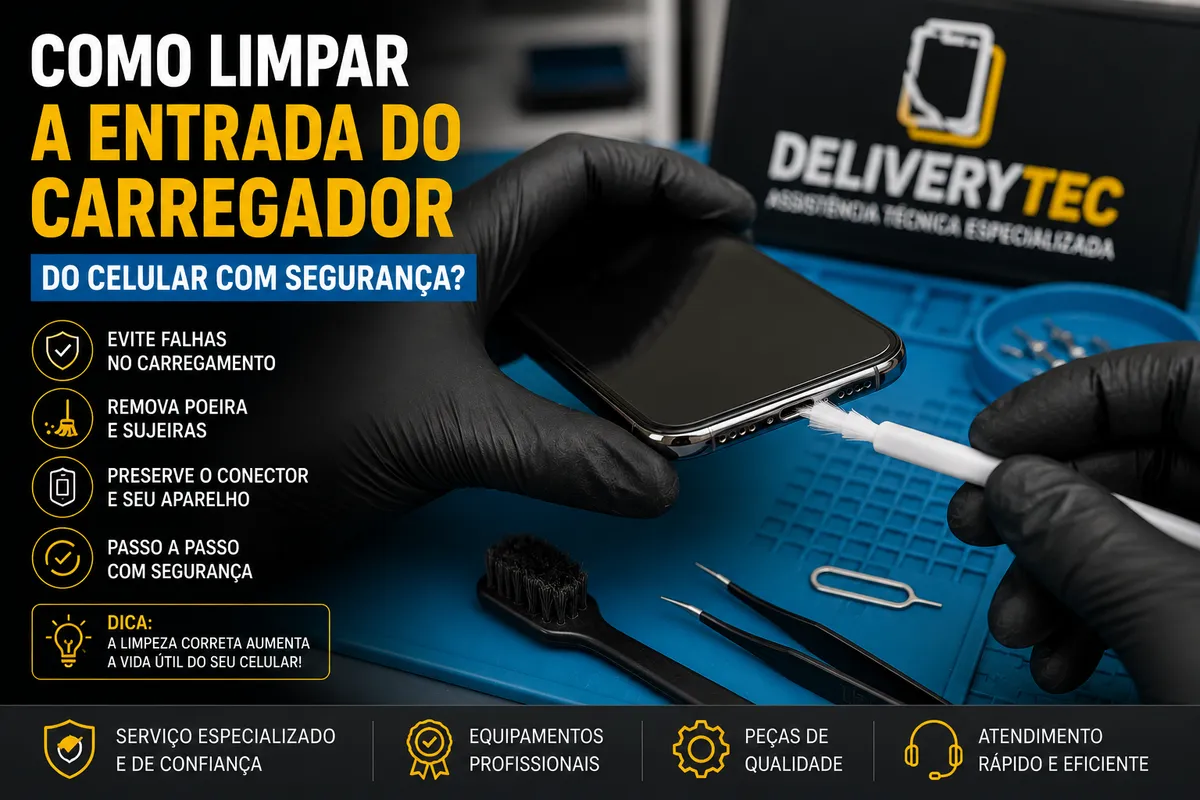 Como limpar a entrada do carregador do celular com segurança? Guia completo — ilustração do artigo da Delivery Tec, assistência técnica de celular em São José do Rio Preto