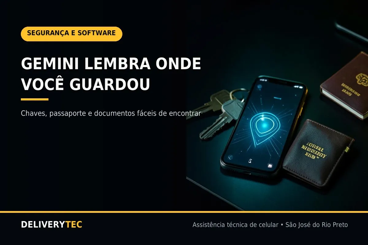 Como Pedir para o Gemini Lembrar Onde Você Guardou Passaporte, Chaves e Documentos — ilustração do artigo da Delivery Tec, assistência técnica de celular em São José do Rio Preto