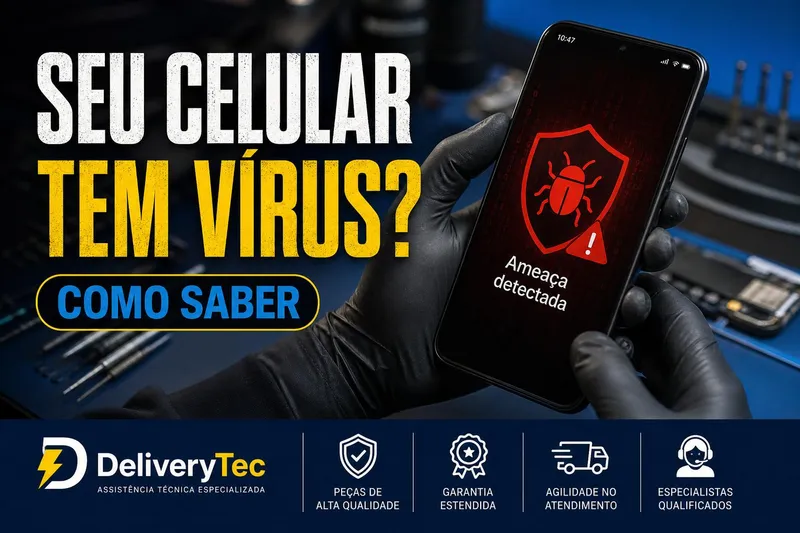 Como saber se meu celular tem vírus? 8 sinais claros — ilustração do artigo da Delivery Tec, assistência técnica de celular em São José do Rio Preto