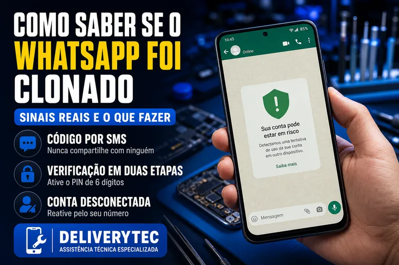 Como Saber se o WhatsApp Foi Clonado (e o que Fazer Imediatamente) — ilustração do artigo da Delivery Tec, assistência técnica de celular em São José do Rio Preto