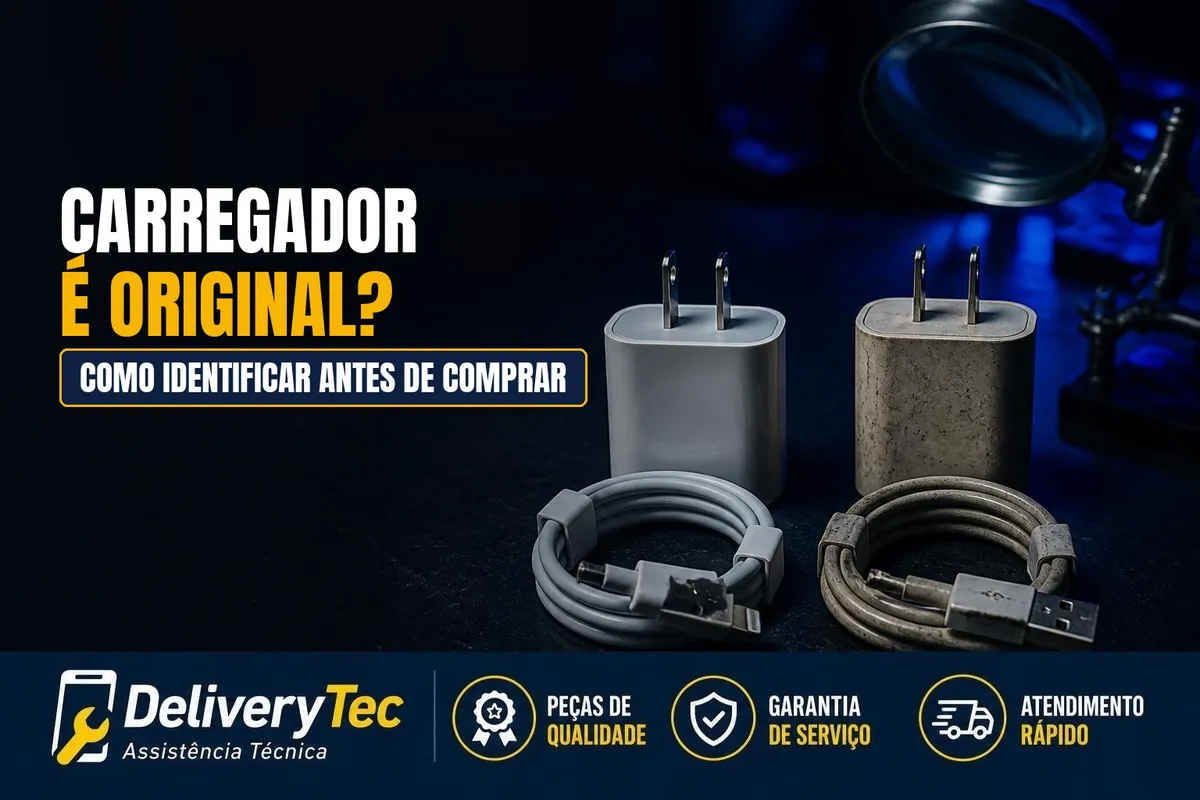 Como Saber se um Carregador ou Cabo é Original Antes de Comprar — ilustração do artigo da Delivery Tec, assistência técnica de celular em São José do Rio Preto