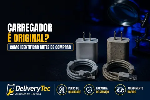 Como Saber se um Carregador ou Cabo é Original Antes de Comprar — ilustração do artigo da Delivery Tec, assistência técnica de celular em São José do Rio Preto