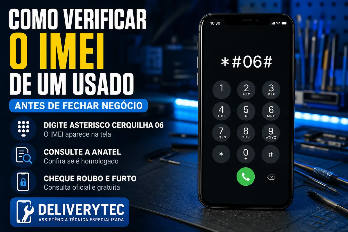 Como Verificar o IMEI Antes de Comprar um Celular Usado — ilustração do artigo da Delivery Tec, assistência técnica de celular em São José do Rio Preto