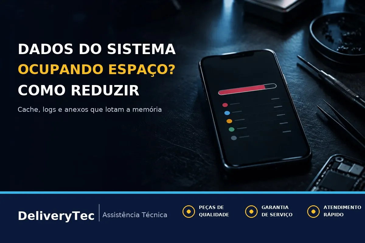 "Dados do Sistema" Ocupando Muito Espaço no iPhone? Veja Como Reduzir — ilustração do artigo da Delivery Tec, assistência técnica de celular em São José do Rio Preto