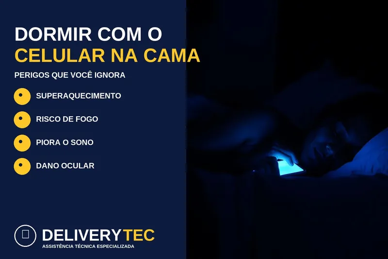 Dormir com o celular na cama: perigos que você ignora — ilustração do artigo da Delivery Tec, assistência técnica de celular em São José do Rio Preto