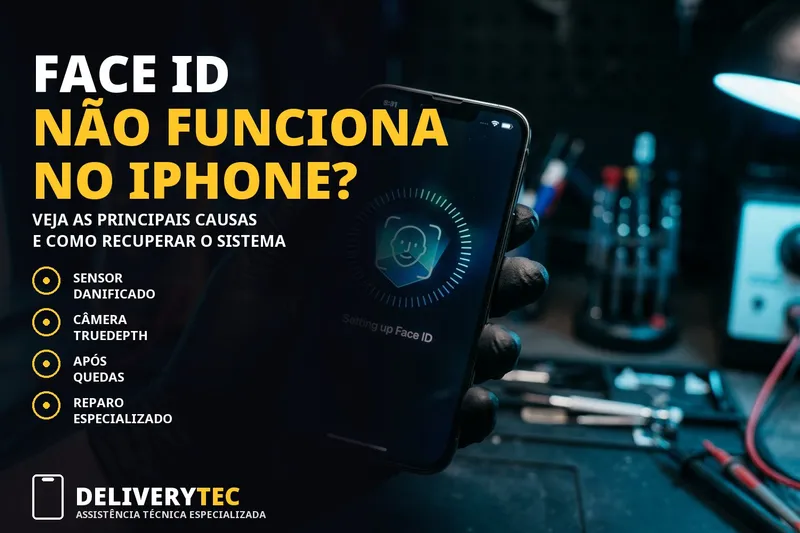 Face ID do iPhone não funciona? Descubra as principais causas e como resolver — ilustração do artigo da Delivery Tec, assistência técnica de celular em São José do Rio Preto