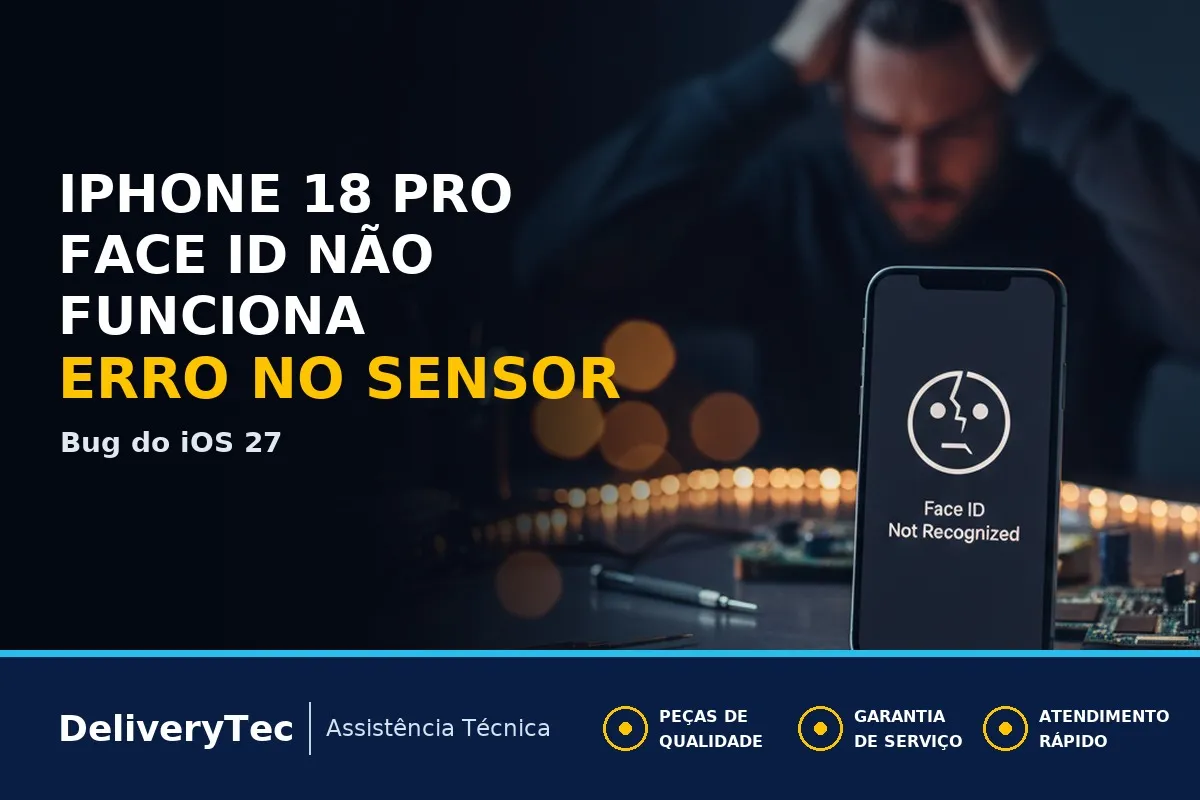 Face ID Falhando no iPhone 18 Pro com iOS 27? Entenda o Erro no Sensor — ilustração do artigo da Delivery Tec, assistência técnica de celular em São José do Rio Preto