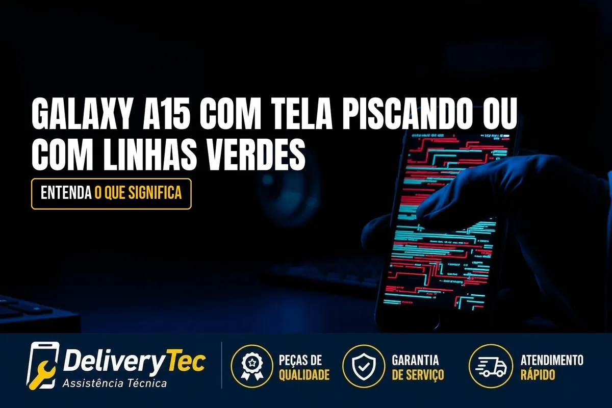 Galaxy A15 com Tela Piscando ou com Linhas Verdes? O que Significa — ilustração do artigo da Delivery Tec, assistência técnica de celular em São José do Rio Preto