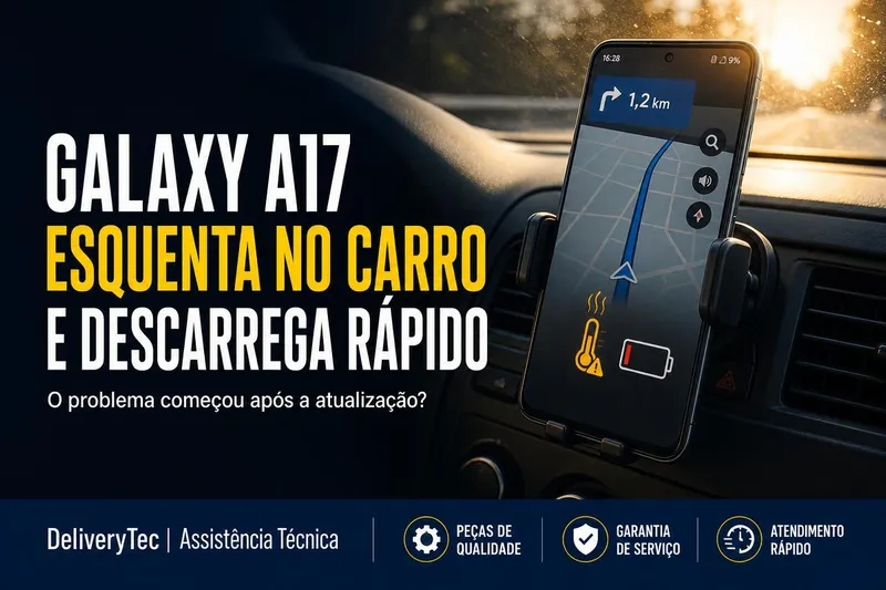Galaxy A17 Esquenta no Carro e Descarrega Rápido Depois da Atualização? Veja o que Pode Ser — ilustração do artigo da Delivery Tec, assistência técnica de celular em São José do Rio Preto